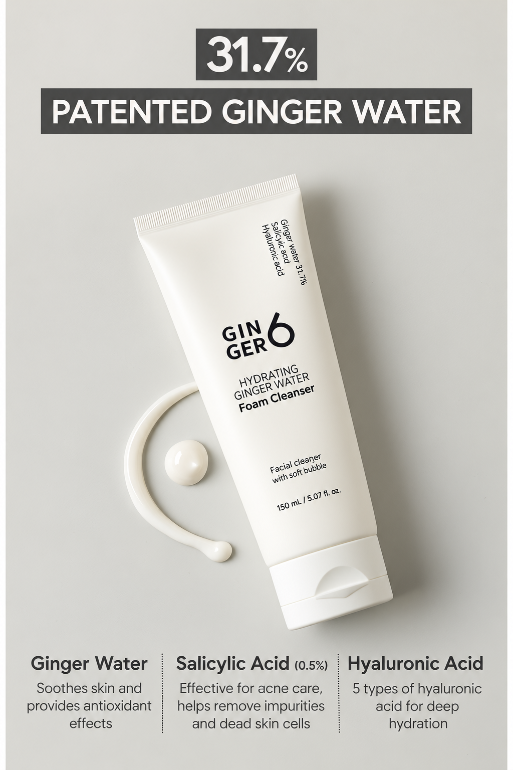 GINGER6 Ginger 6 Hydrating Foam Cleanser, Micro Bubble Formula Deep Cleansing