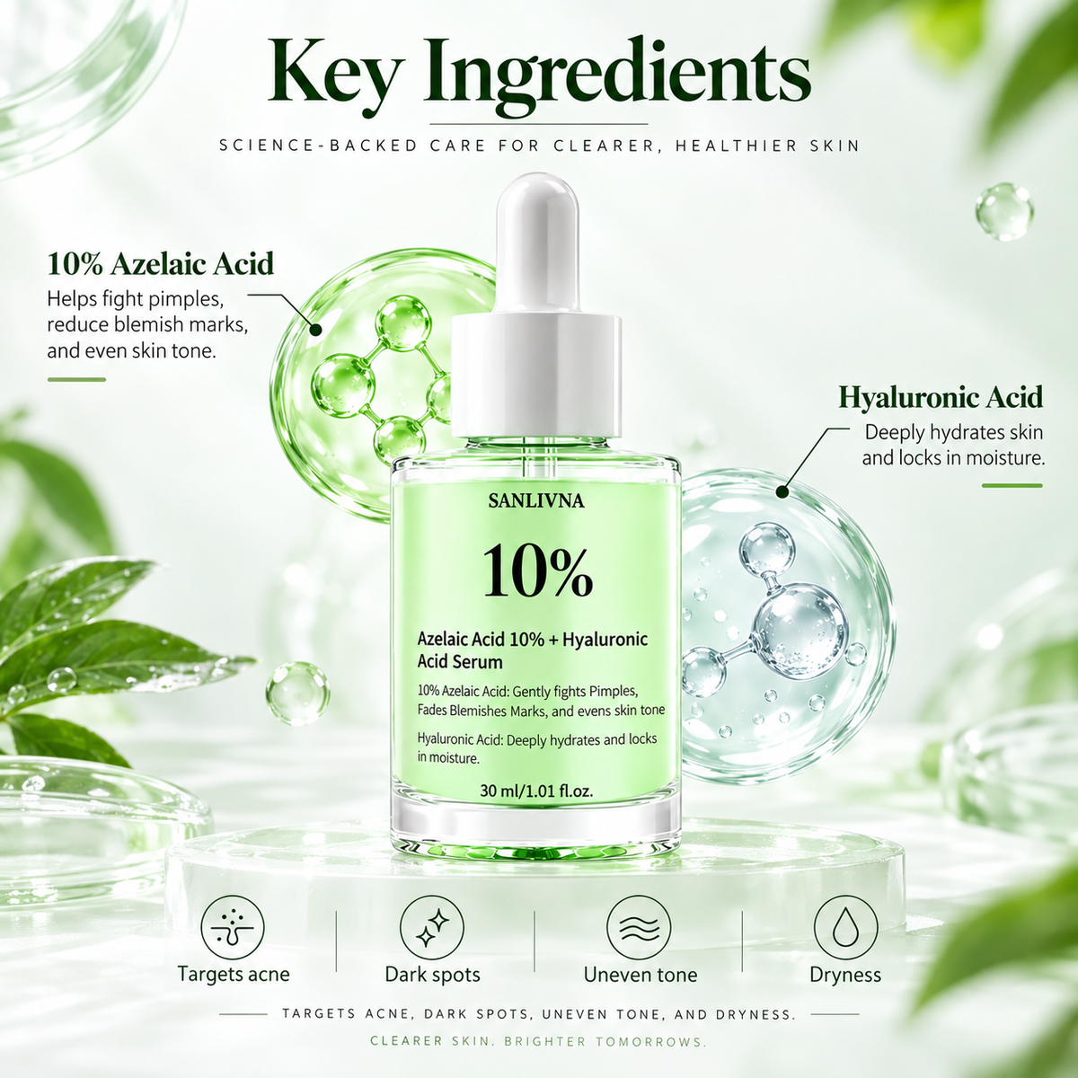 Azelaic Acid 10% Serum + Hyaluronic Acid  Acne Treatment Moisturizing Facial Skin Care