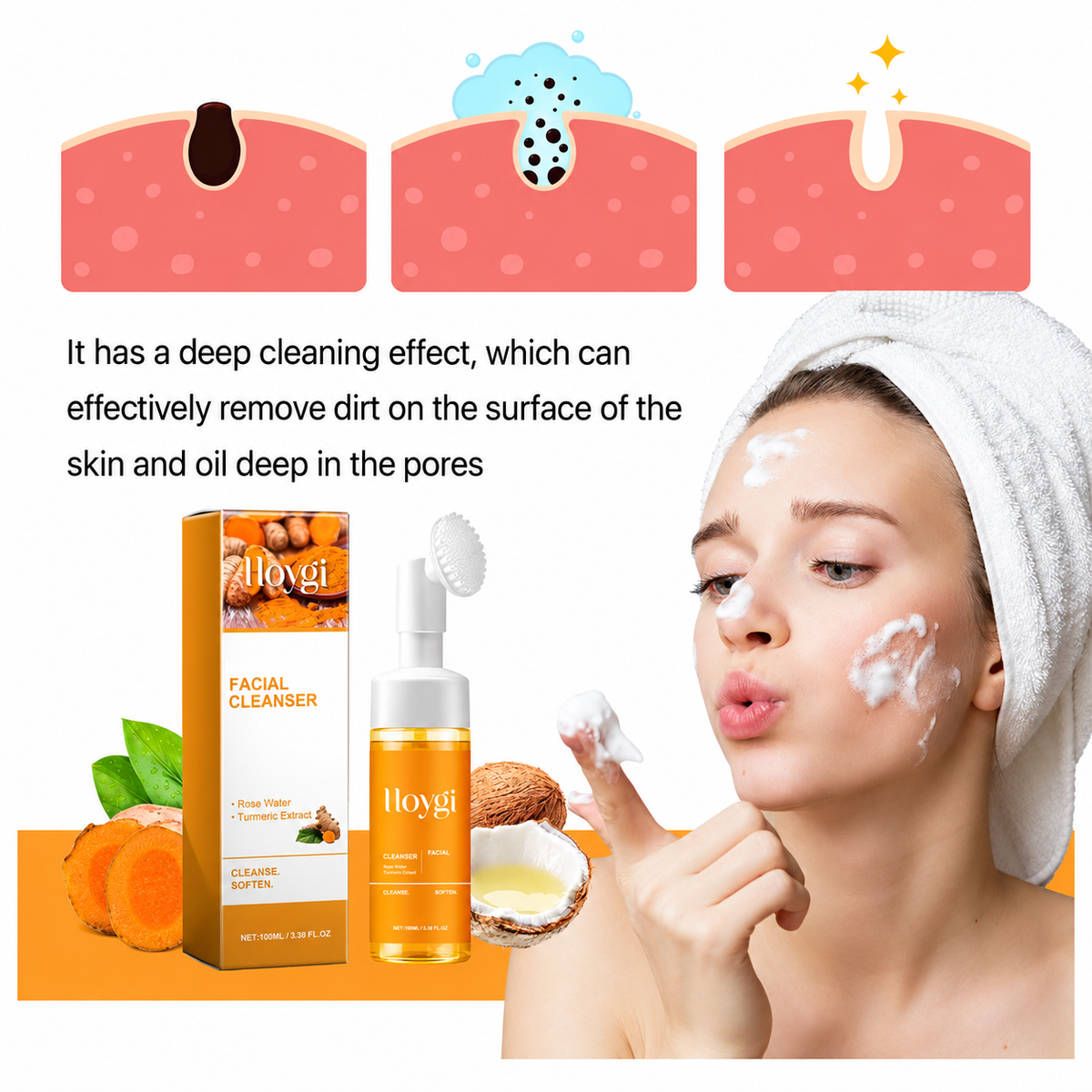 Brightening Foaming Facial Cleanser with Turmeric Hyaluronic Acid and Ceramide for All Skin
